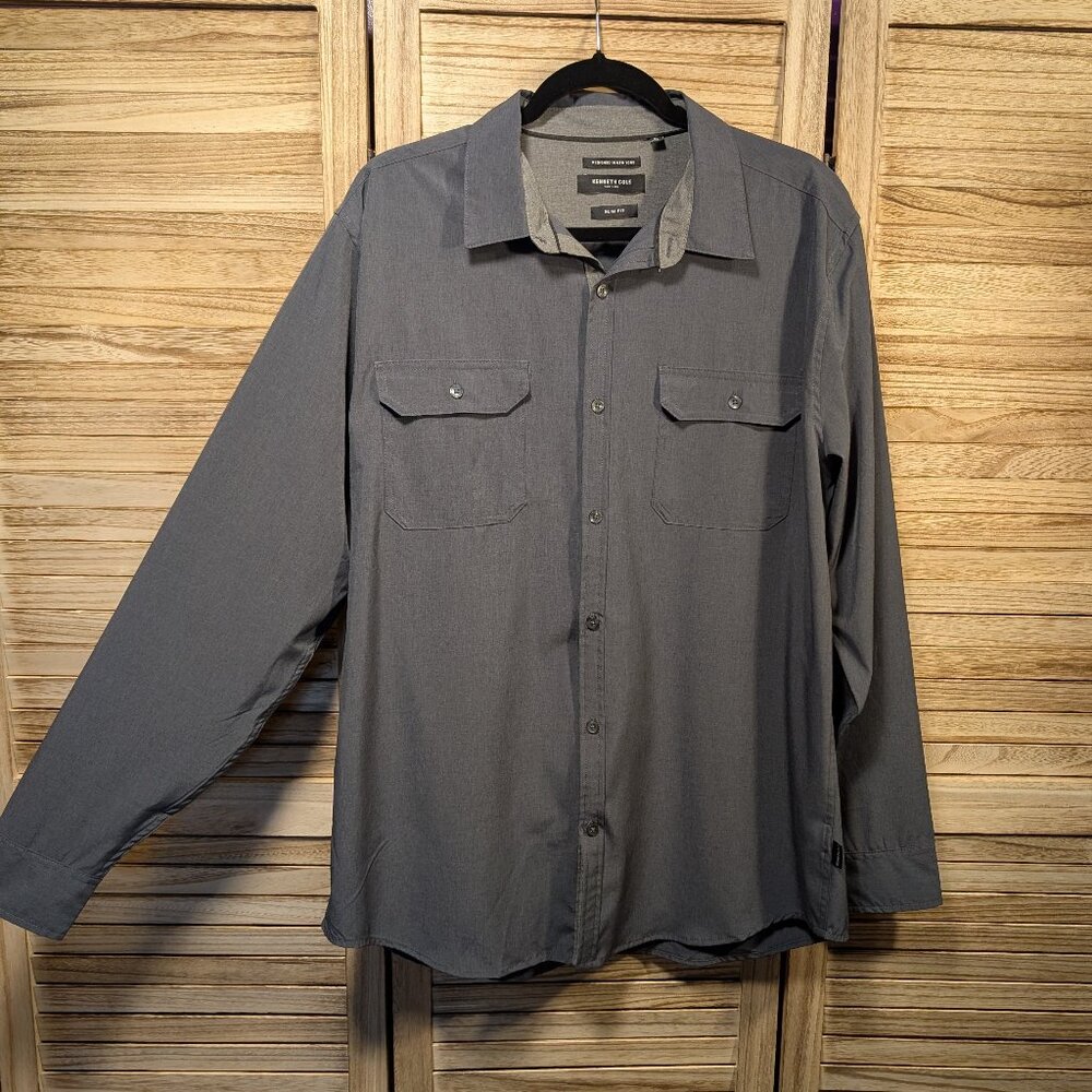 Kenneth Cole Shirt Slim Fit Men's Gray Button-Up Size XL